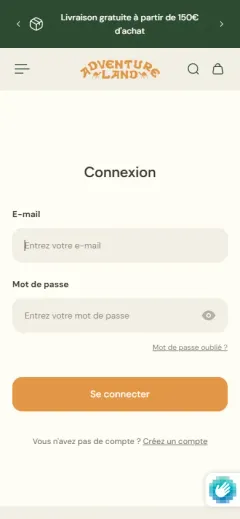 Espace compte du site Adventure Land