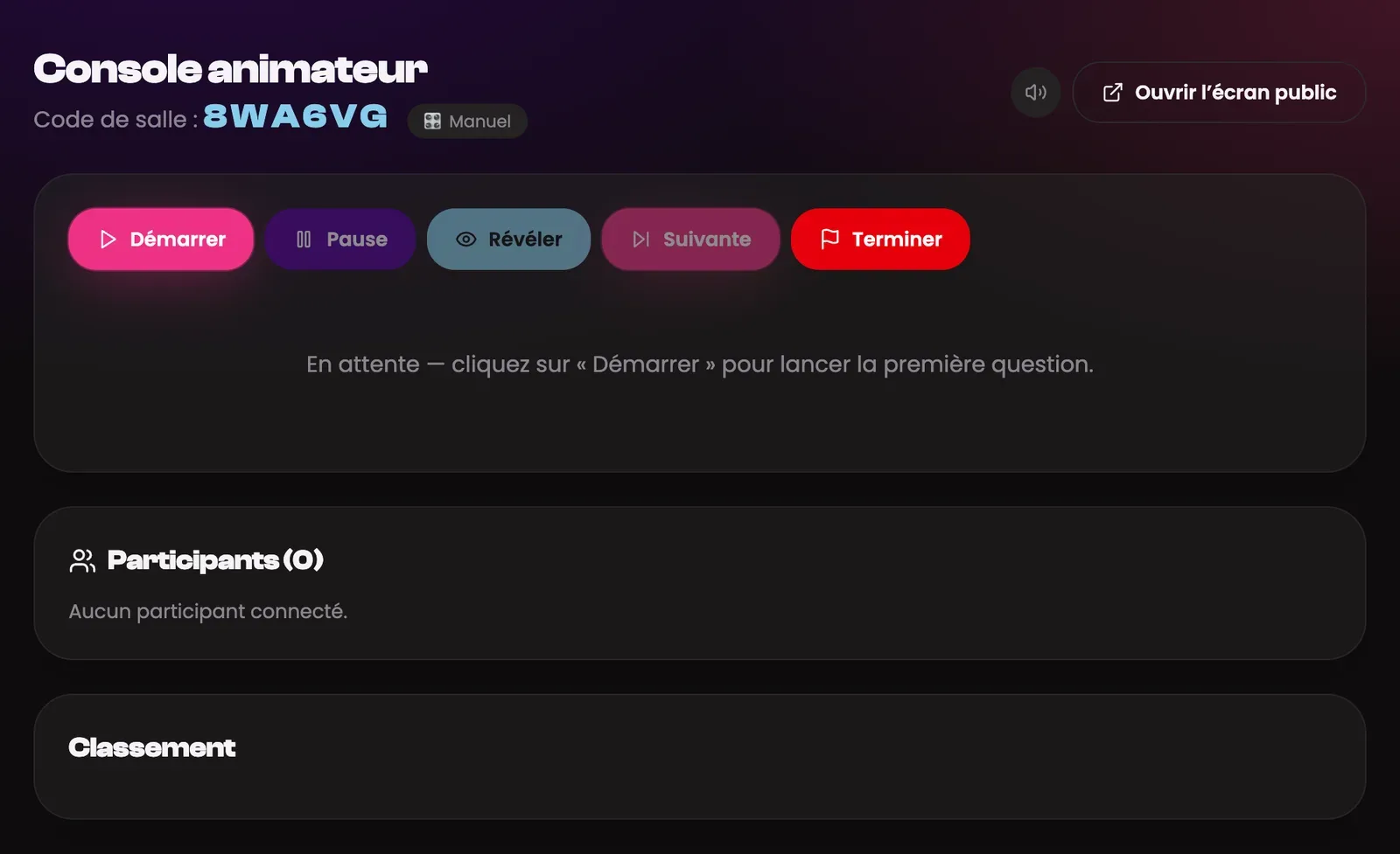 Console animateur ArkQuizz